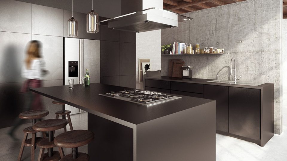 Wizualizacja wnętrza industrialnej kuchni w lofcie z wyspą, betonową ścianą, podłogą, drewnianym sufitem i ciemną zabudową kuchenną