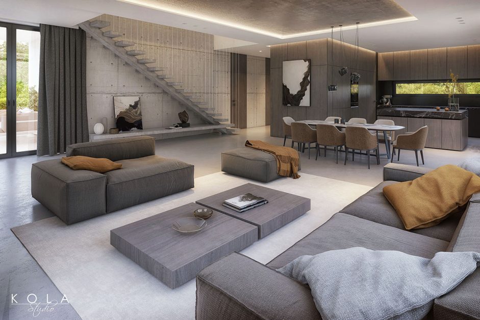 Wizualizacja wnętrza luksusowego dwupoziomowego apartamentu w budynku wielorodzinnym - salon z otwartą kuchnią i jadalnią oraz nowoczesnymi schodami, zaprojektowane w nowoczesnym stylu, z betonowymi, industrialnymi elementami wykończenia w stylu loft