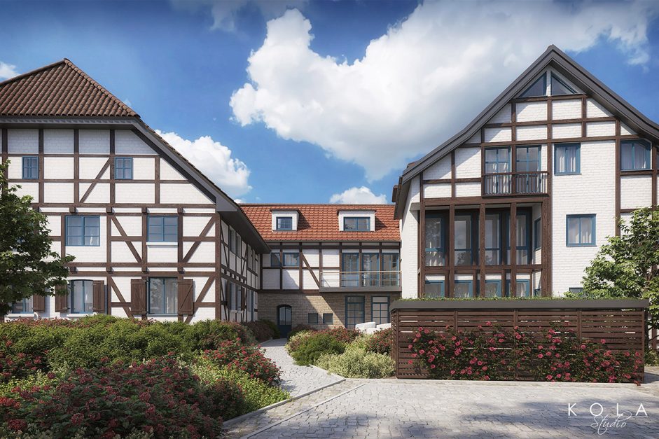 Wizualizacja architektoniczna historycznego budynku inspirowanego stylem niemieckim przekształconego w kompleks mieszkalny