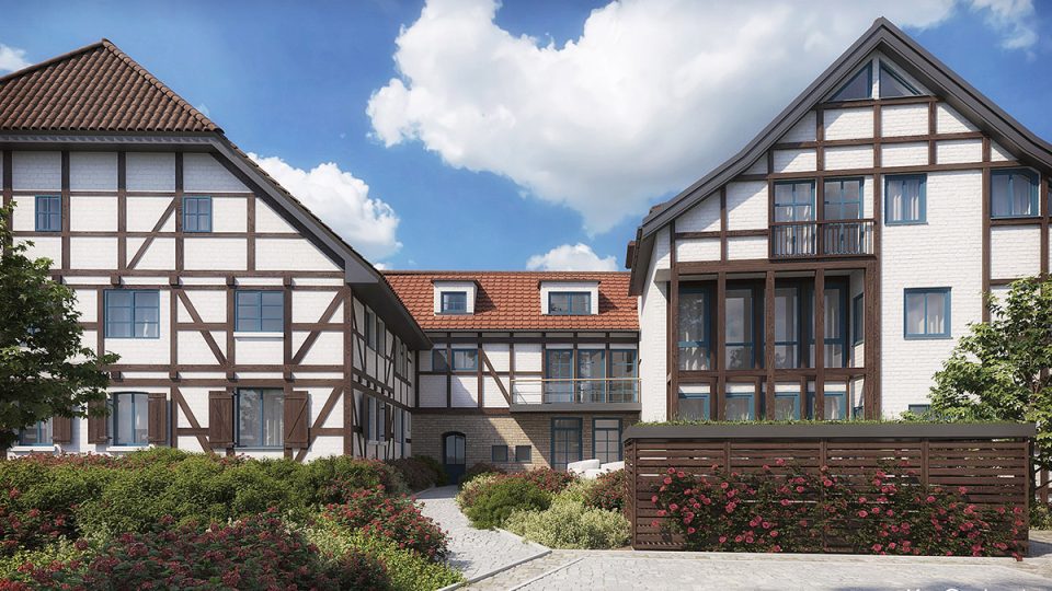 Wizualizacja architektoniczna historycznego budynku inspirowanego stylem niemieckim przekształconego w kompleks mieszkalny