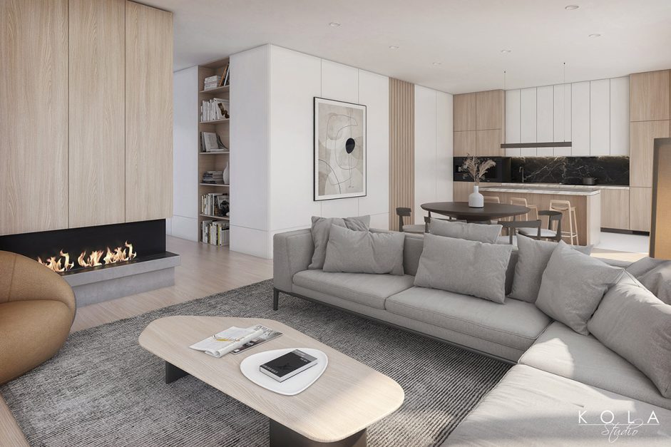 Wizualizacja 3d wnętrza strefy dziennej w domu jednorodzinnym - salonu z kominkiem połączonego z otwartą kuchnią i jadalnią, zaprojektowanego w eleganckim nowoczesnym stylu, z użyciem jasnej kolorystyki - bieli, szarości i jasnego drewna