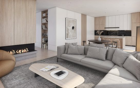 Wizualizacja 3d wnętrza strefy dziennej w domu jednorodzinnym - salonu z kominkiem połączonego z otwartą kuchnią i jadalnią, zaprojektowanego w eleganckim nowoczesnym stylu, z użyciem jasnej kolorystyki - bieli, szarości i jasnego drewna