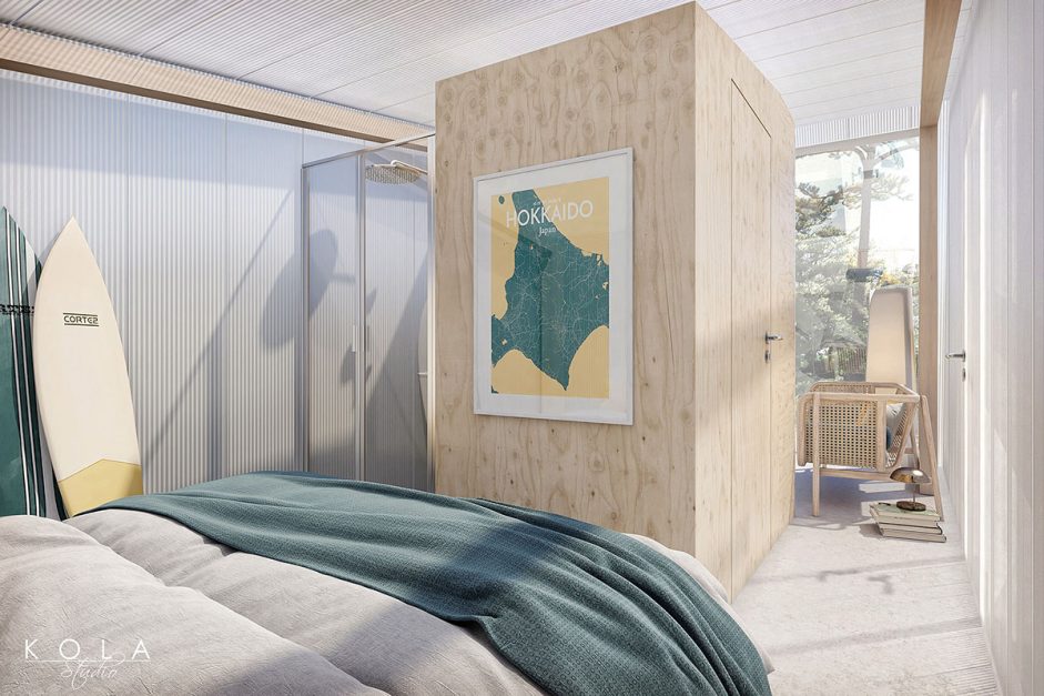 Wizualizacja 3d wnętrza małego modułowego prefabrykowanego domu letniskowego w stylu surferskim
