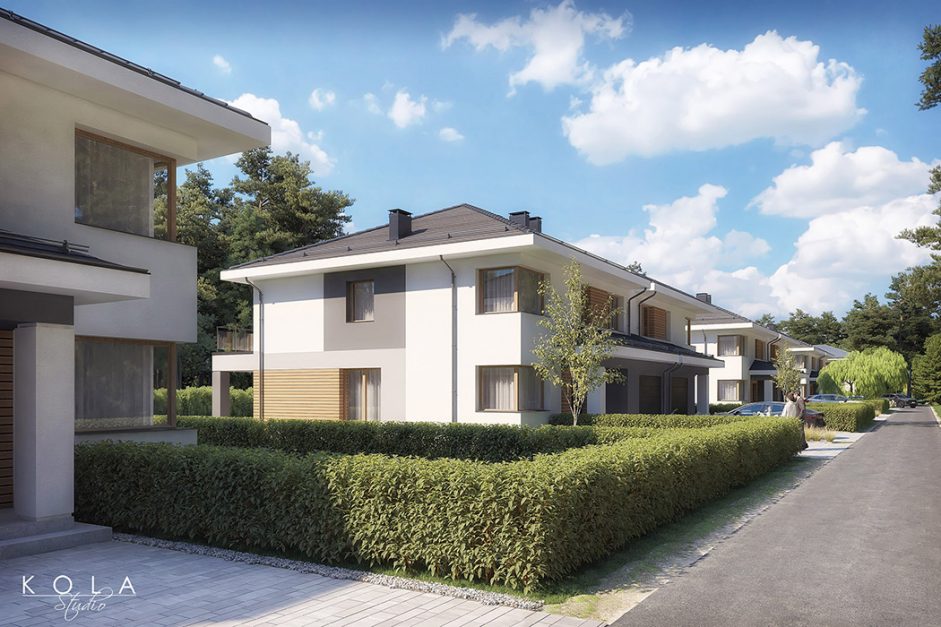 Fotorealistyczna wizualizacja osiedla nowoczesnych bliźniaków zlokalizowanego w spokojnej zielonej okolicy pod Warszawą