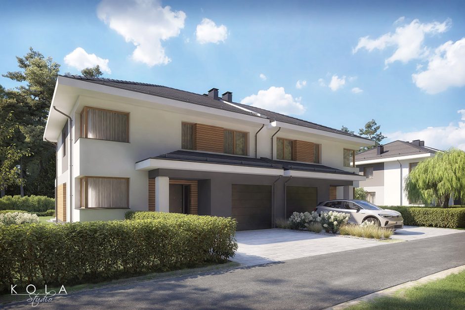 Wizualizacja nowoczesnego osiedla domów bliźniaków pod Warszawą w spokojnej, zielonej okolicy