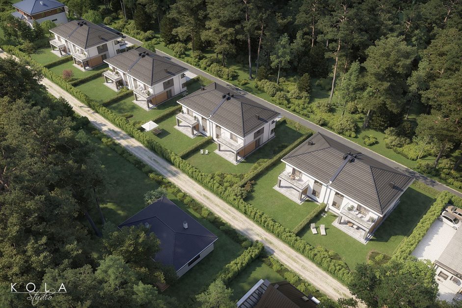 Wizualizacja osiedla domów bliźniaków z lotu ptaka, pokazująca nowoczesną, podmiejską architekturę mieszkaniową w otoczeniu zieleni