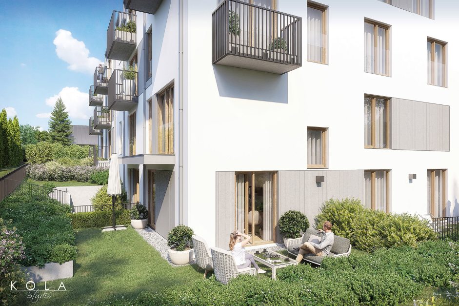 Wizualizacja 3d elewacji nowoczesnego wielorodzinnego budynku i ogródka jednego z mieszkań