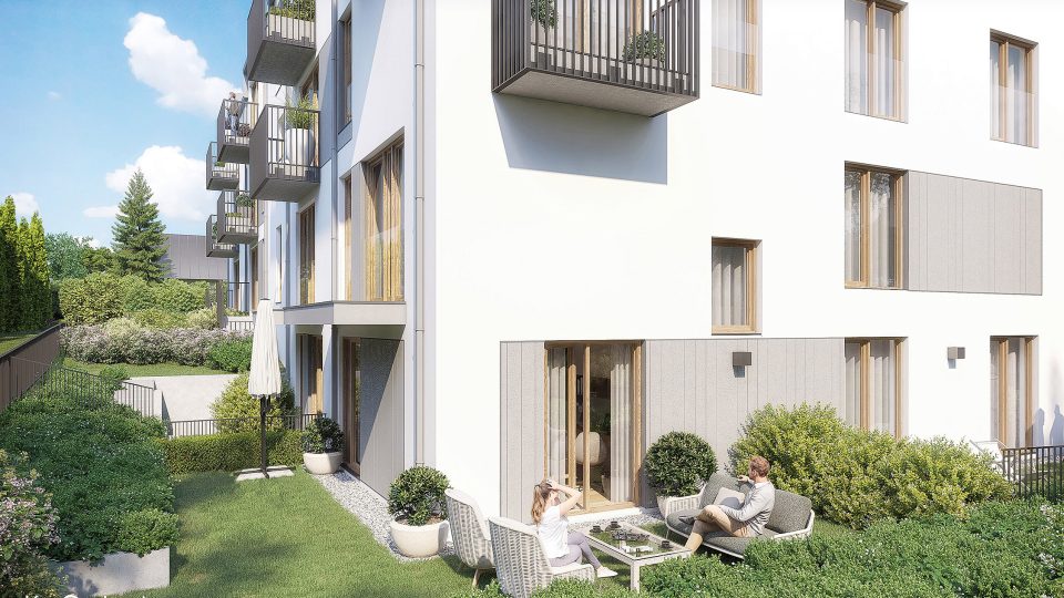 Wizualizacja 3d elewacji nowoczesnego wielorodzinnego budynku i ogródka jednego z mieszkań