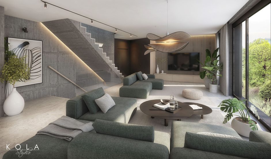 Wizualizacja 3d nowoczesnego mieszkania zaprojektowanego z wykorzystaniem betonu architektonicznego