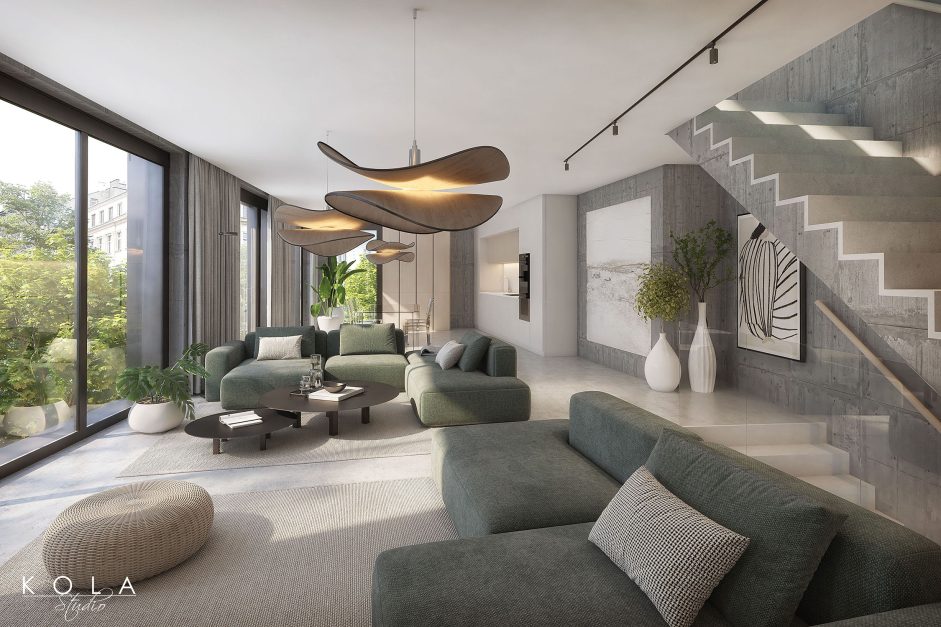 Wizualizacja wnętrza nowoczesnego mieszkania zaprojektowanego z wykorzystaniem betonu architektonicznego